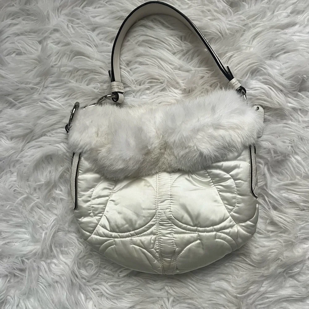 VINTAGE COACH White Fur Trimmed Nylon and Leather SoHo Bag 🤍✨ *rare*